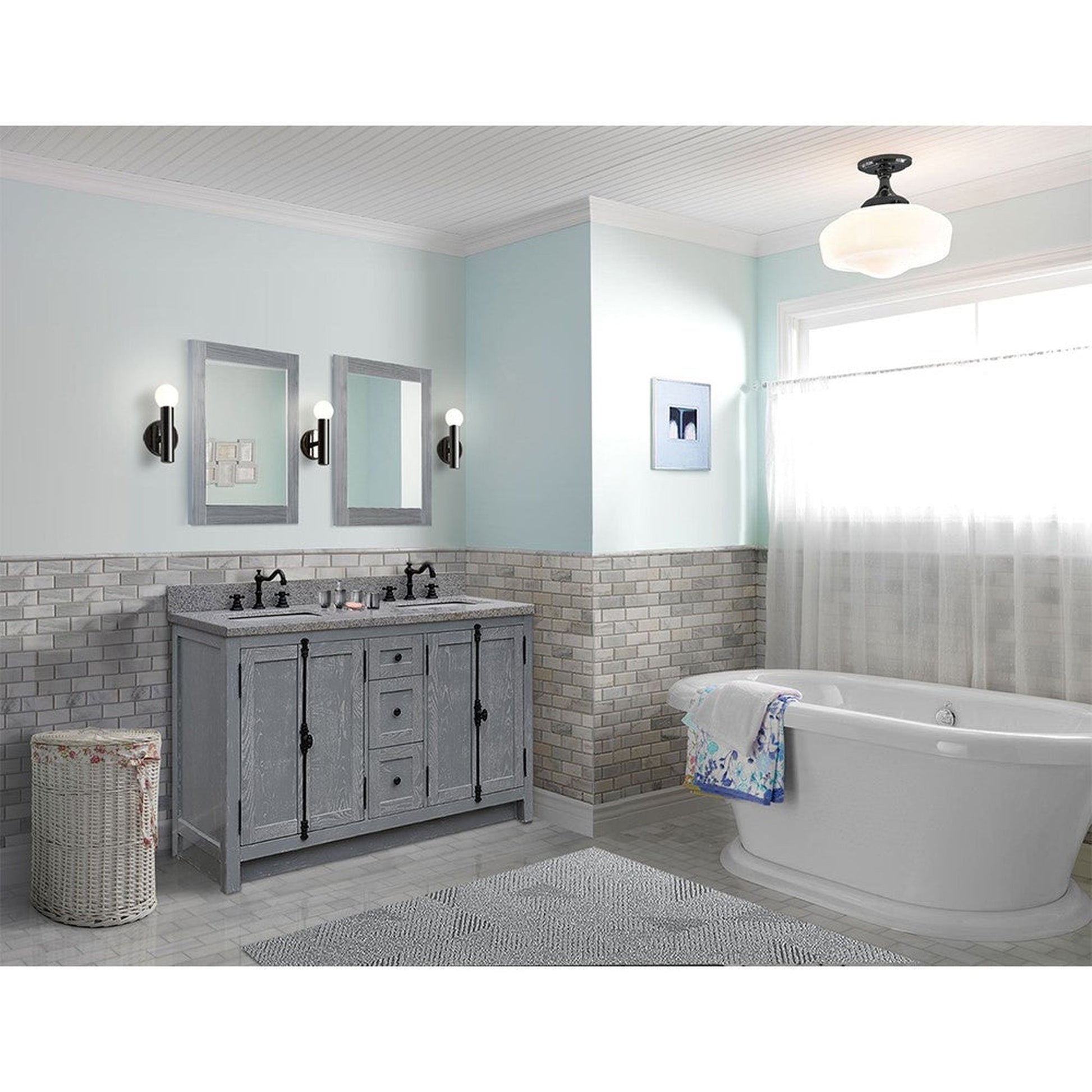 Bellaterra Home Plantation 55" 4-Door 3-Drawer Gray Ash Freestanding Vanity Set With Ceramic Double Undermount Rectangular Sink and Gray Granite Top