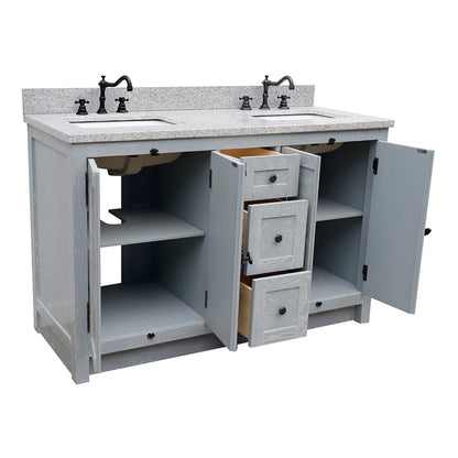 Bellaterra Home Plantation 55" 4-Door 3-Drawer Gray Ash Freestanding Vanity Set With Ceramic Double Undermount Rectangular Sink and Gray Granite Top