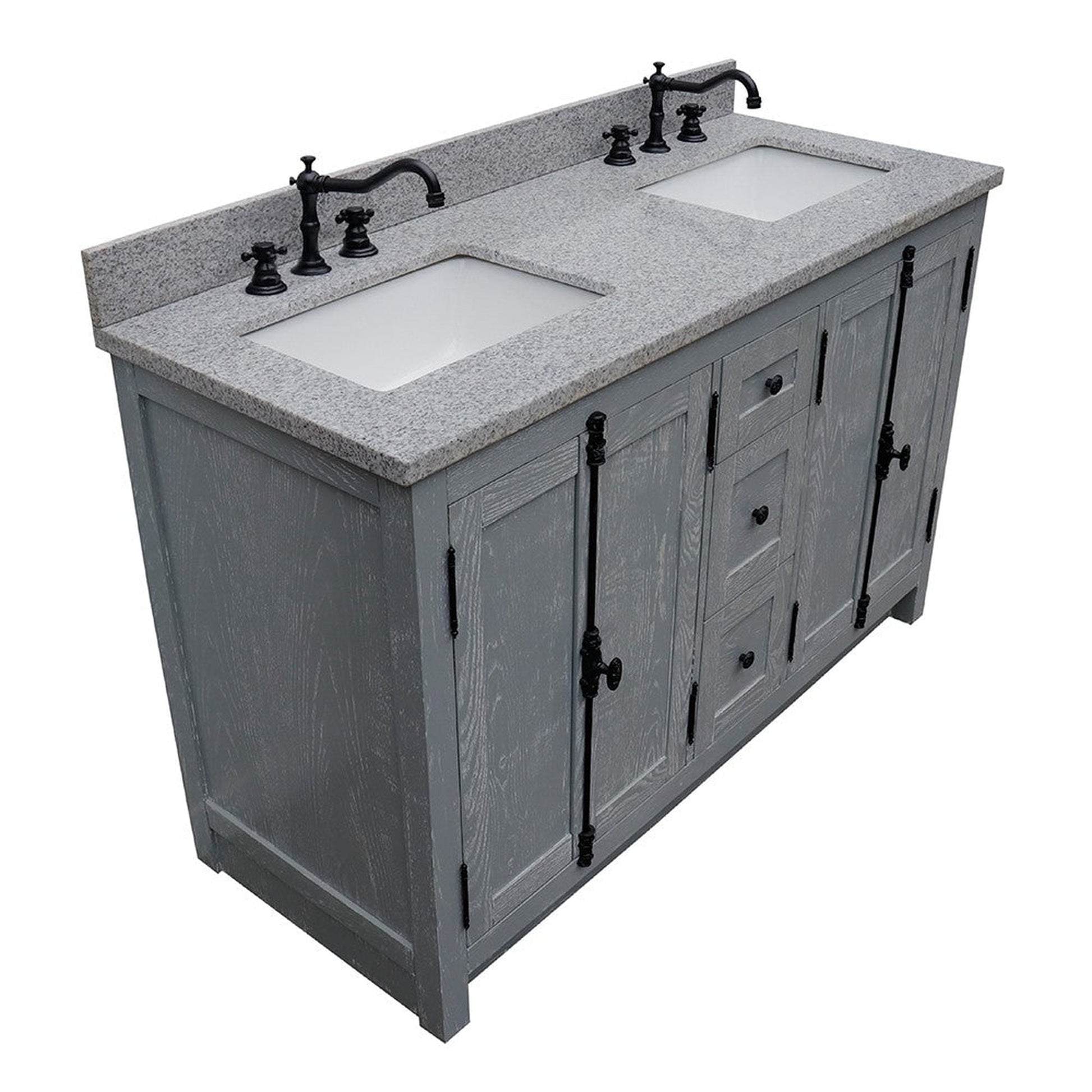 Bellaterra Home Plantation 55" 4-Door 3-Drawer Gray Ash Freestanding Vanity Set With Ceramic Double Undermount Rectangular Sink and Gray Granite Top