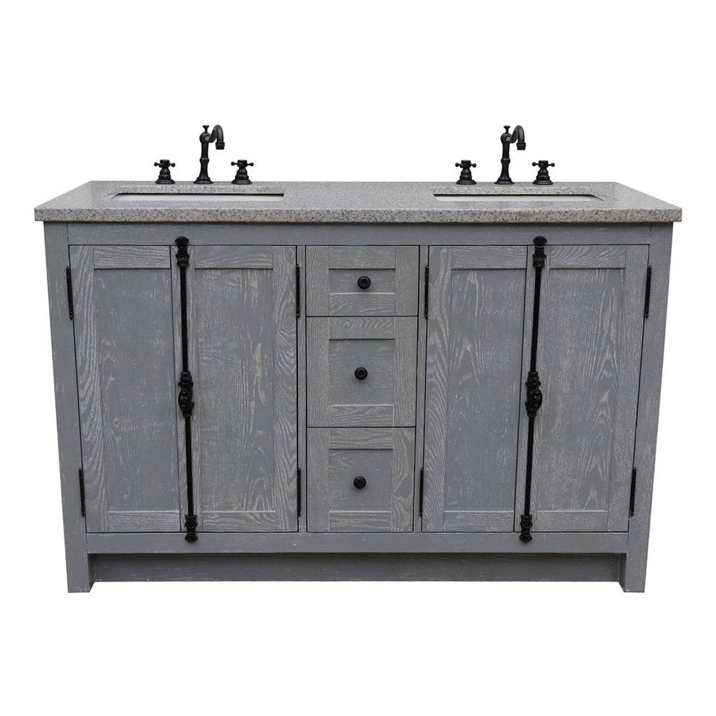 Bellaterra Home Plantation 55" 4-Door 3-Drawer Gray Ash Freestanding Vanity Set With Ceramic Double Undermount Rectangular Sink and Gray Granite Top