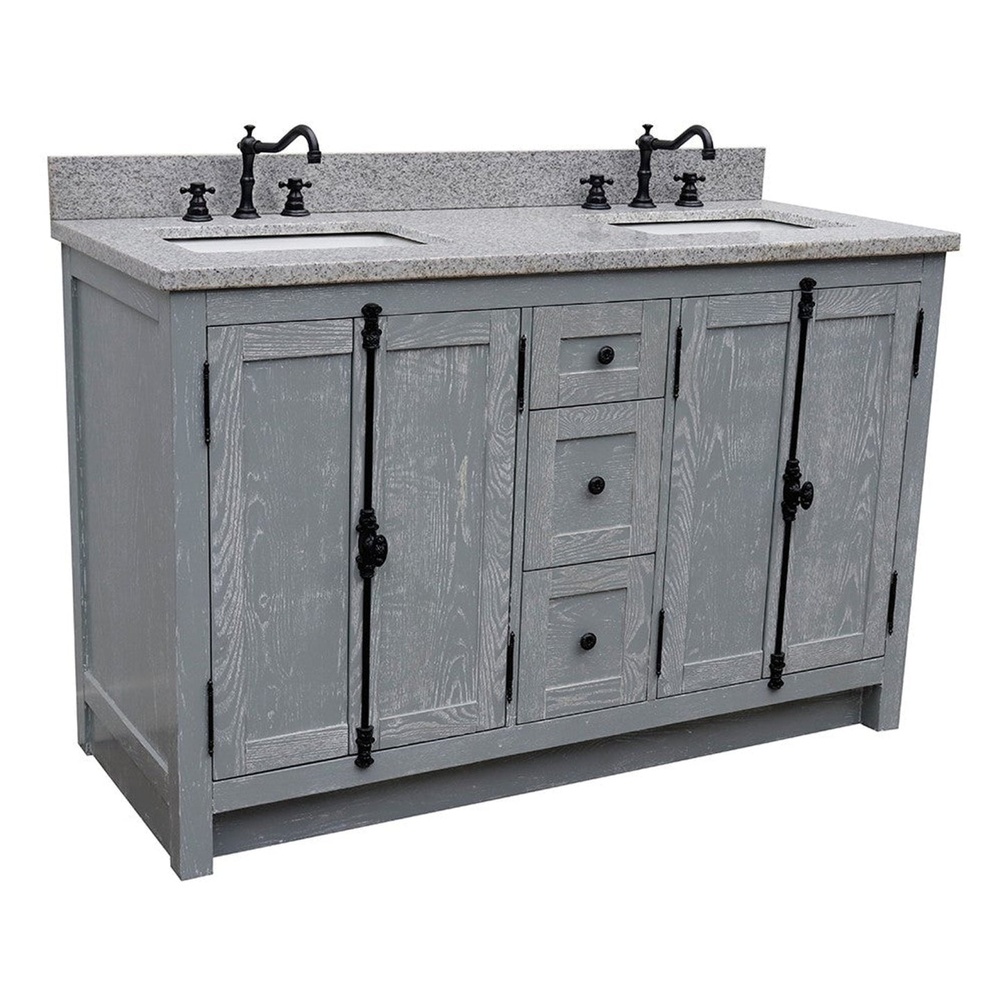 Bellaterra Home Plantation 55" 4-Door 3-Drawer Gray Ash Freestanding Vanity Set With Ceramic Double Undermount Rectangular Sink and Gray Granite Top