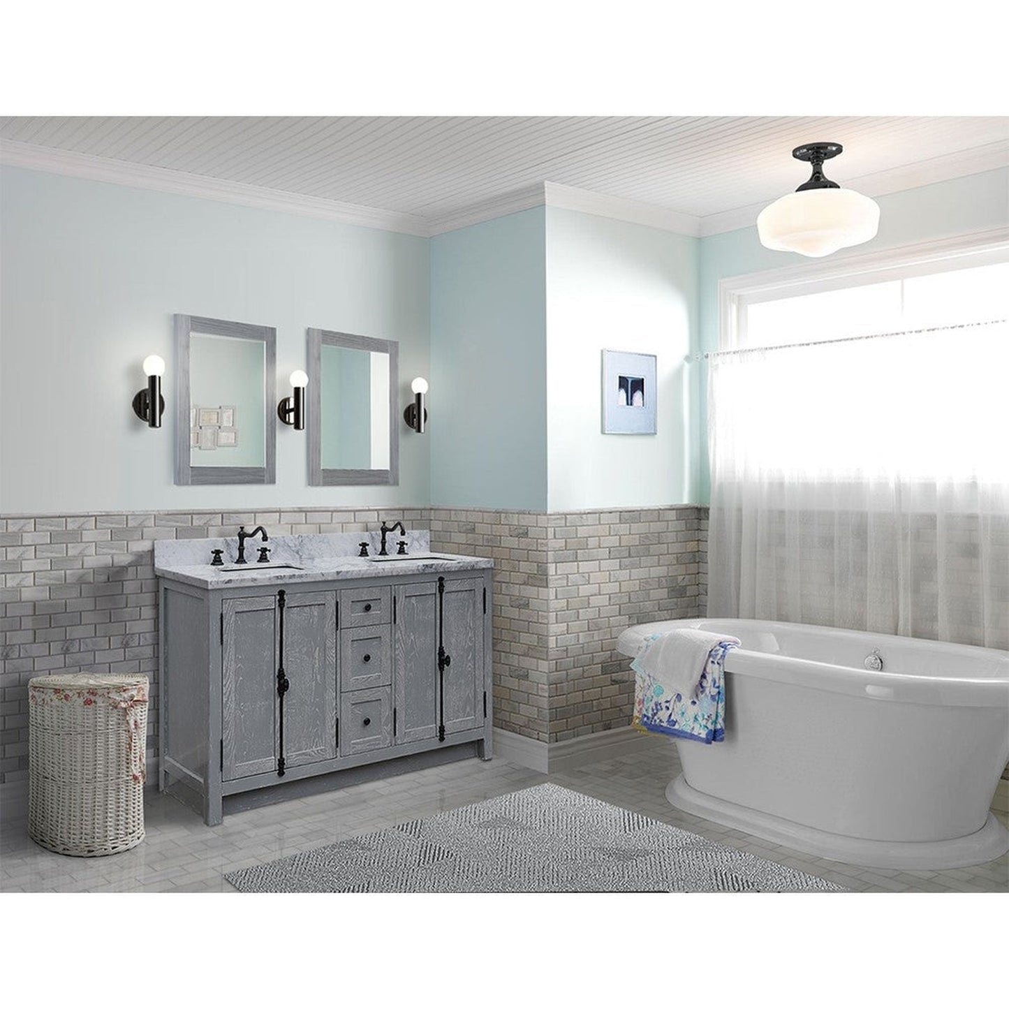 Bellaterra Home Plantation 55" 4-Door 3-Drawer Gray Ash Freestanding Vanity Set With Ceramic Double Undermount Rectangular Sink and White Carrara Marble Top