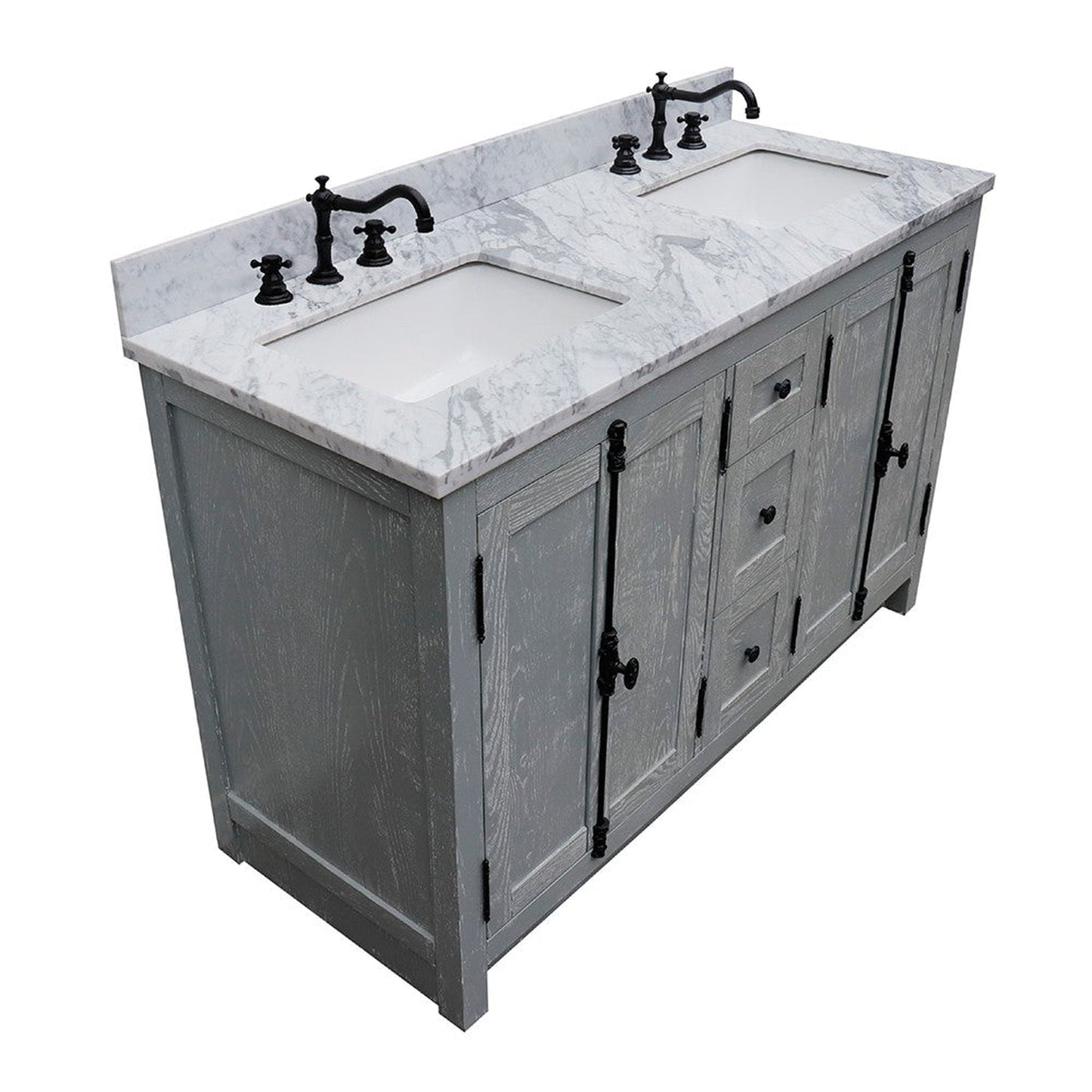 Bellaterra Home Plantation 55" 4-Door 3-Drawer Gray Ash Freestanding Vanity Set With Ceramic Double Undermount Rectangular Sink and White Carrara Marble Top