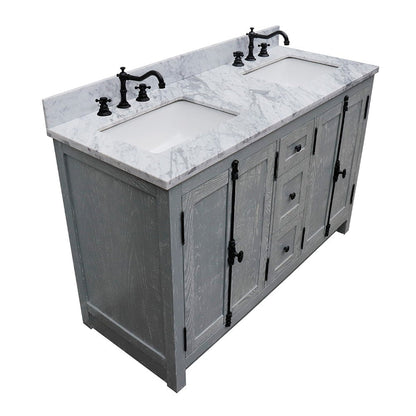 Bellaterra Home Plantation 55" 4-Door 3-Drawer Gray Ash Freestanding Vanity Set With Ceramic Double Undermount Rectangular Sink and White Carrara Marble Top