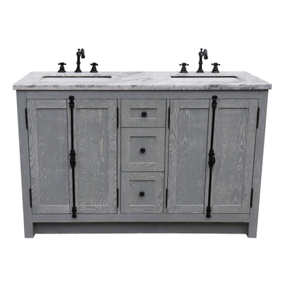 Bellaterra Home Plantation 55" 4-Door 3-Drawer Gray Ash Freestanding Vanity Set With Ceramic Double Undermount Rectangular Sink and White Carrara Marble Top