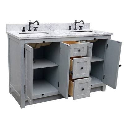 Bellaterra Home Plantation 55" 4-Door 3-Drawer Gray Ash Freestanding Vanity Set With Ceramic Double Undermount Rectangular Sink and White Carrara Marble Top