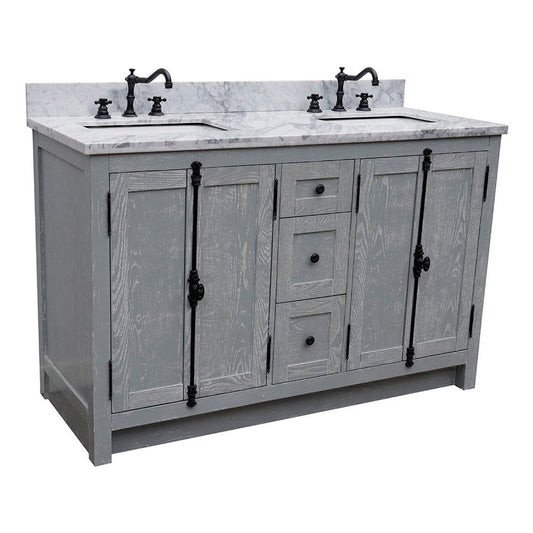 Bellaterra Home Plantation 55" 4-Door 3-Drawer Gray Ash Freestanding Vanity Set With Ceramic Double Undermount Rectangular Sink and White Carrara Marble Top