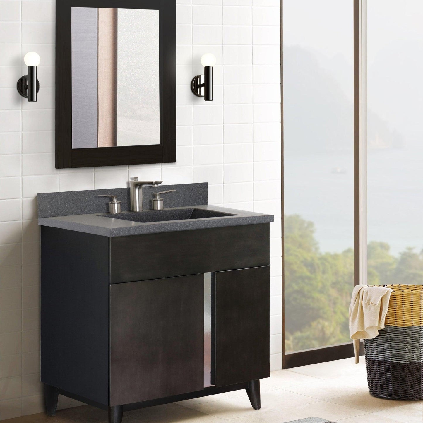 Bellaterra Home Urban 31" 1-Door 2-Drawer Silvery Brown Freestanding Vanity Set With Concrete Integrated Rectangular Ramp Sink and Black Concrete Top