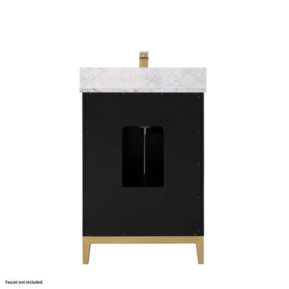 Bemma Design Gracie 24" Midnight Black Solid Wood Freestanding Bathroom Vanity With Single 1-Hole Italian Carra Marble Vanity Top, Rectangle Undermount Sink, Backsplash and Satin Brass Trim