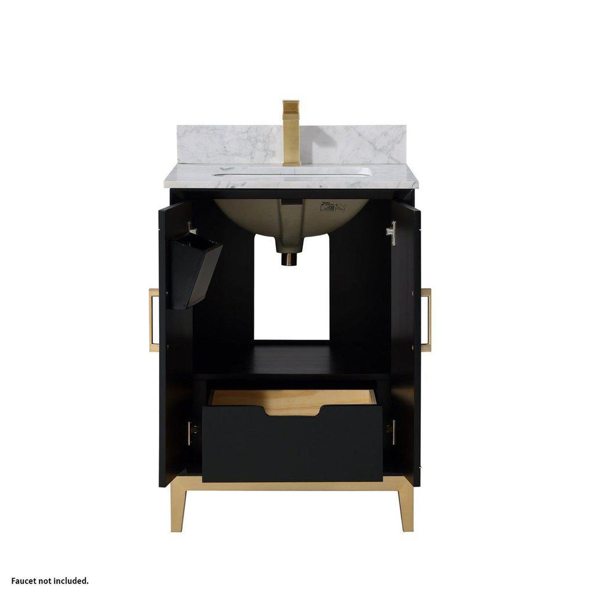 Bemma Design Gracie 24" Midnight Black Solid Wood Freestanding Bathroom Vanity With Single 1-Hole Italian Carra Marble Vanity Top, Rectangle Undermount Sink, Backsplash and Satin Brass Trim