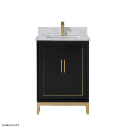 Bemma Design Gracie 24" Midnight Black Solid Wood Freestanding Bathroom Vanity With Single 1-Hole Italian Carra Marble Vanity Top, Rectangle Undermount Sink, Backsplash and Satin Brass Trim