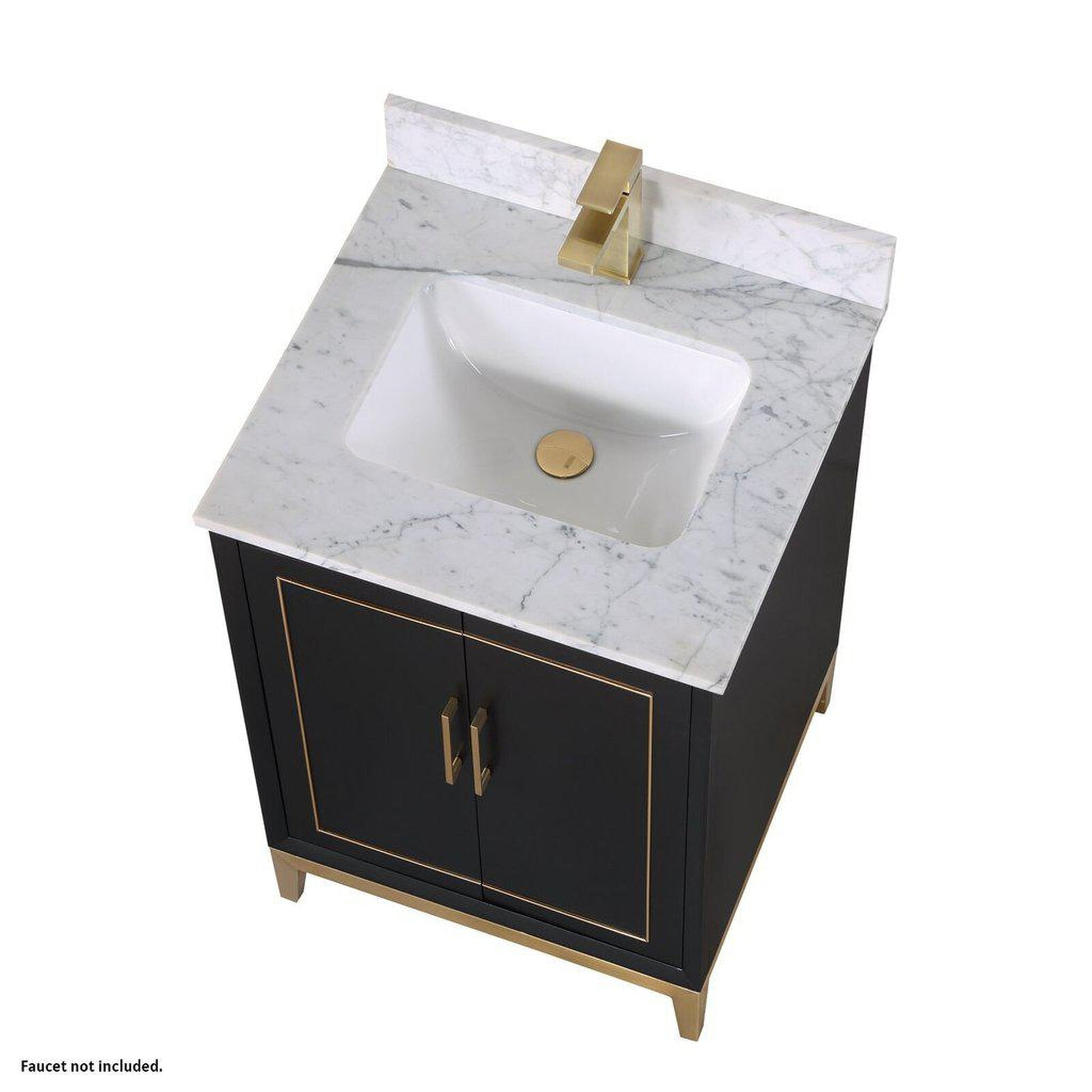 Bemma Design Gracie 24" Midnight Black Solid Wood Freestanding Bathroom Vanity With Single 1-Hole Italian Carra Marble Vanity Top, Rectangle Undermount Sink, Backsplash and Satin Brass Trim