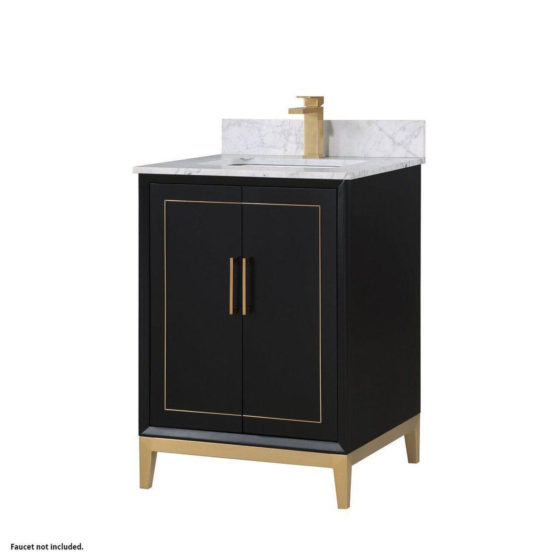 Bemma Design Gracie 24" Midnight Black Solid Wood Freestanding Bathroom Vanity With Single 1-Hole Italian Carra Marble Vanity Top, Rectangle Undermount Sink, Backsplash and Satin Brass Trim