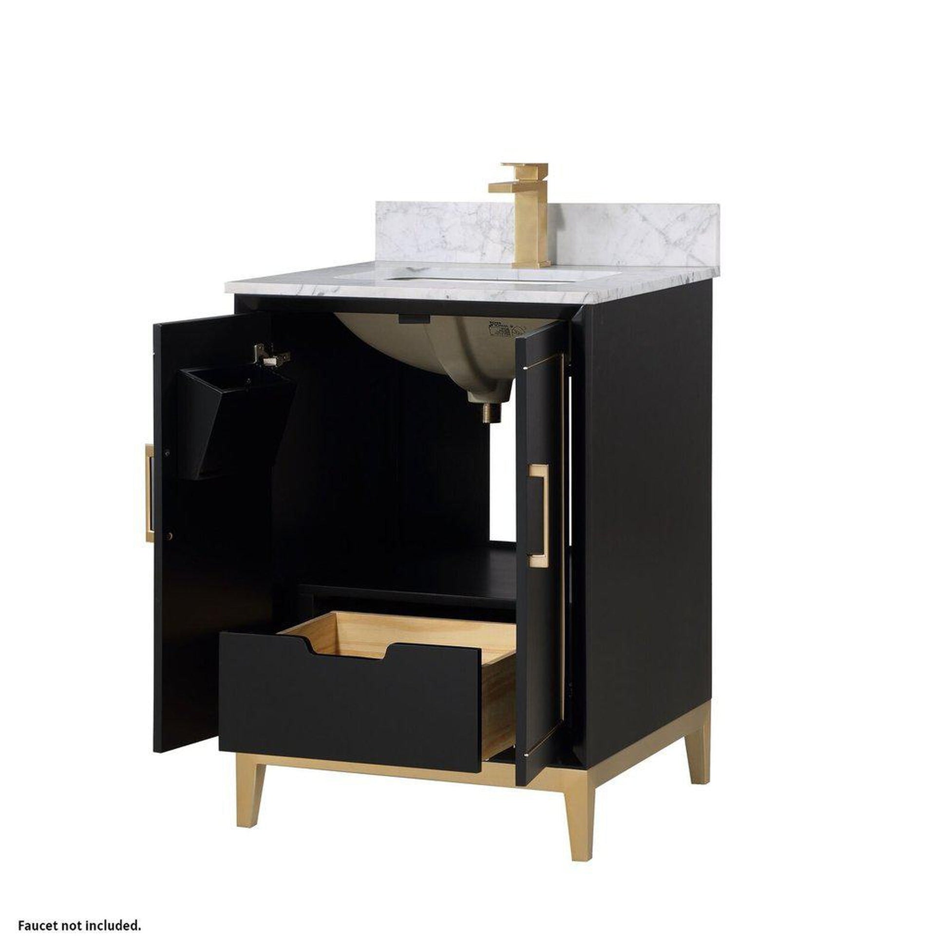 Bemma Design Gracie 24" Midnight Black Solid Wood Freestanding Bathroom Vanity With Single 1-Hole Italian Carra Marble Vanity Top, Rectangle Undermount Sink, Backsplash and Satin Brass Trim