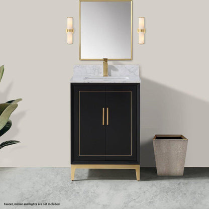 Bemma Design Gracie 24" Midnight Black Solid Wood Freestanding Bathroom Vanity With Single 1-Hole Italian Carra Marble Vanity Top, Rectangle Undermount Sink, Backsplash and Satin Brass Trim