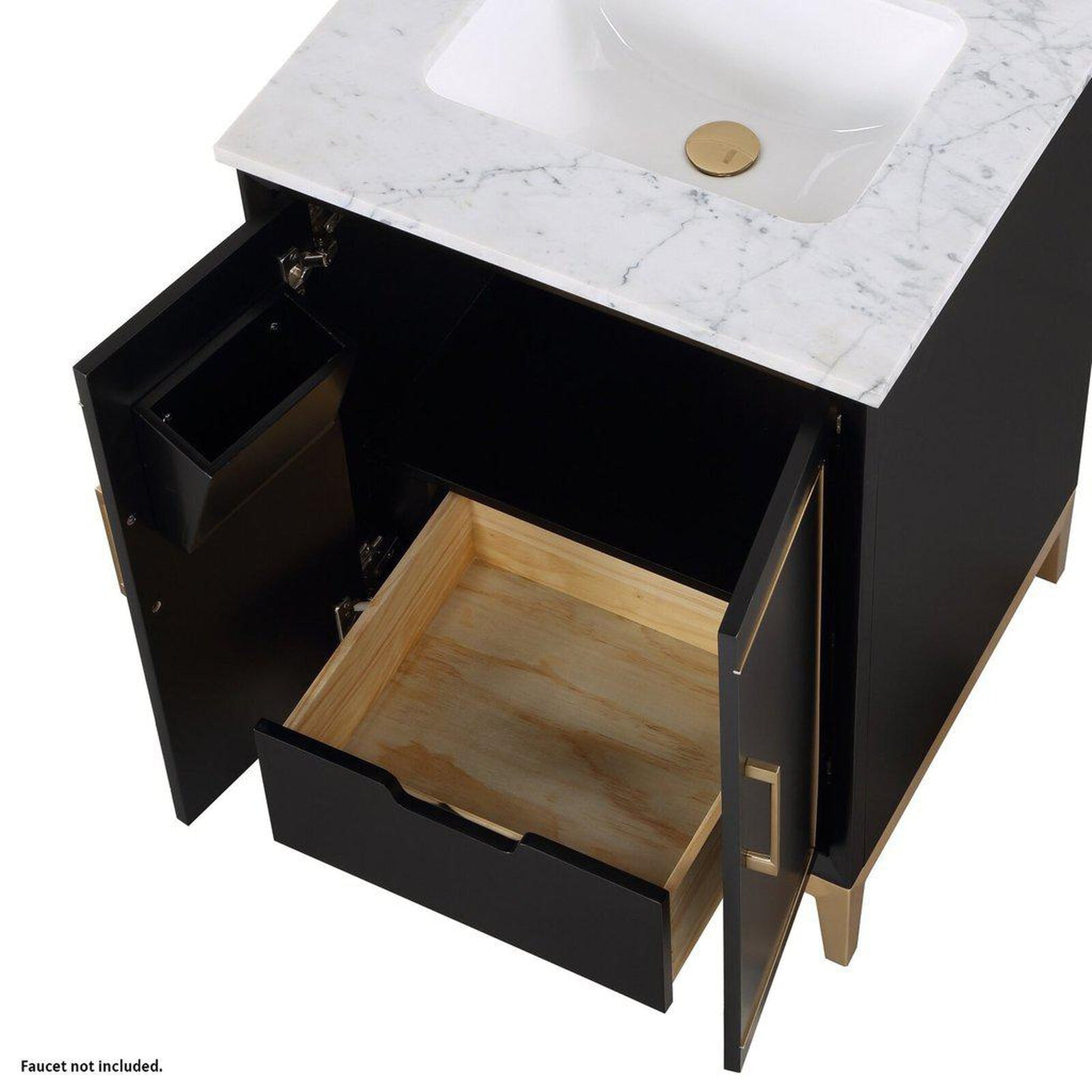 Bemma Design Gracie 24" Midnight Black Solid Wood Freestanding Bathroom Vanity With Single 1-Hole Italian Carra Marble Vanity Top, Rectangle Undermount Sink, Backsplash and Satin Brass Trim