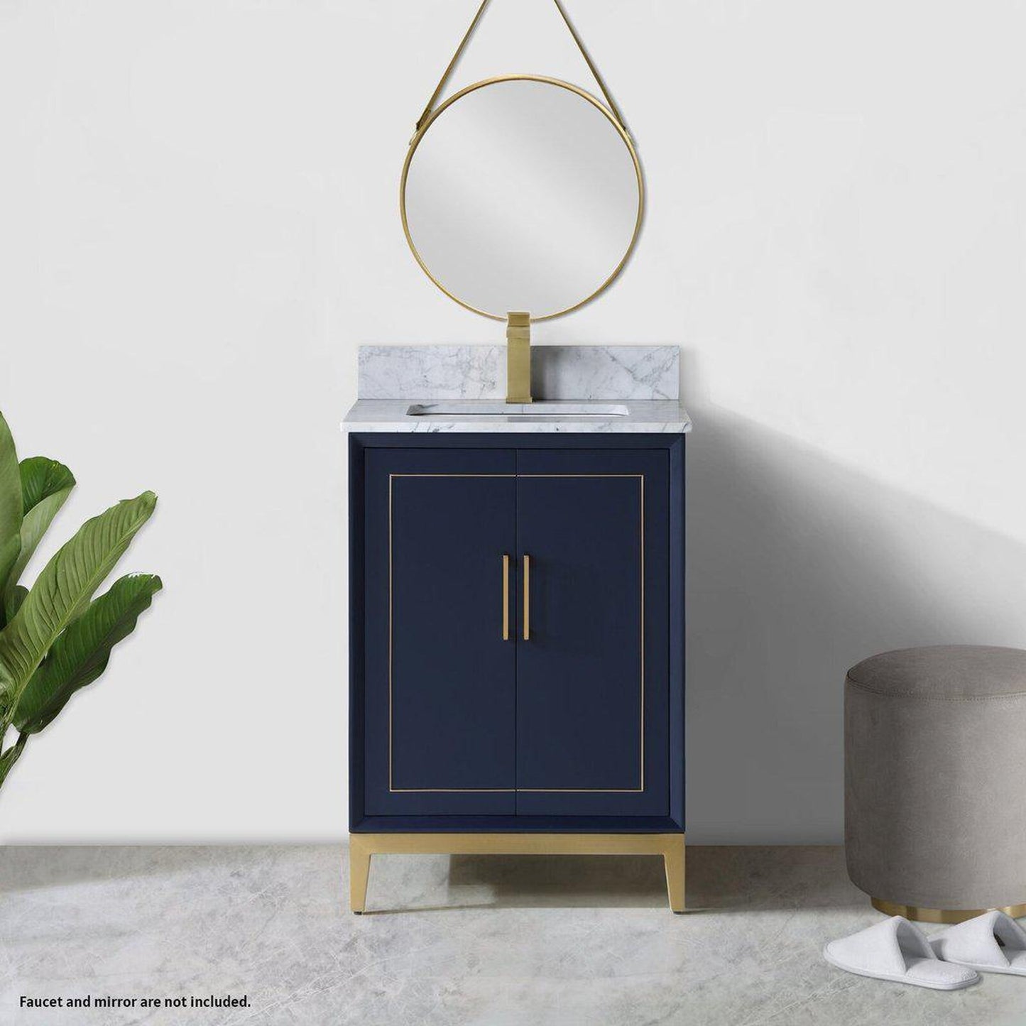Bemma Design Gracie 24" Pacific Blue Solid Wood Freestanding Bathroom Vanity With Single 1-Hole Italian Carra Marble Vanity Top, Rectangle Undermount Sink, Backsplash and Satin Brass Trim
