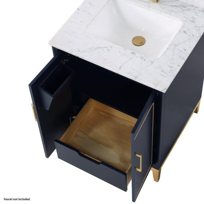 Bemma Design Gracie 24" Pacific Blue Solid Wood Freestanding Bathroom Vanity With Single 1-Hole Italian Carra Marble Vanity Top, Rectangle Undermount Sink, Backsplash and Satin Brass Trim