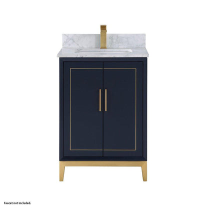 Bemma Design Gracie 24" Pacific Blue Solid Wood Freestanding Bathroom Vanity With Single 1-Hole Italian Carra Marble Vanity Top, Rectangle Undermount Sink, Backsplash and Satin Brass Trim