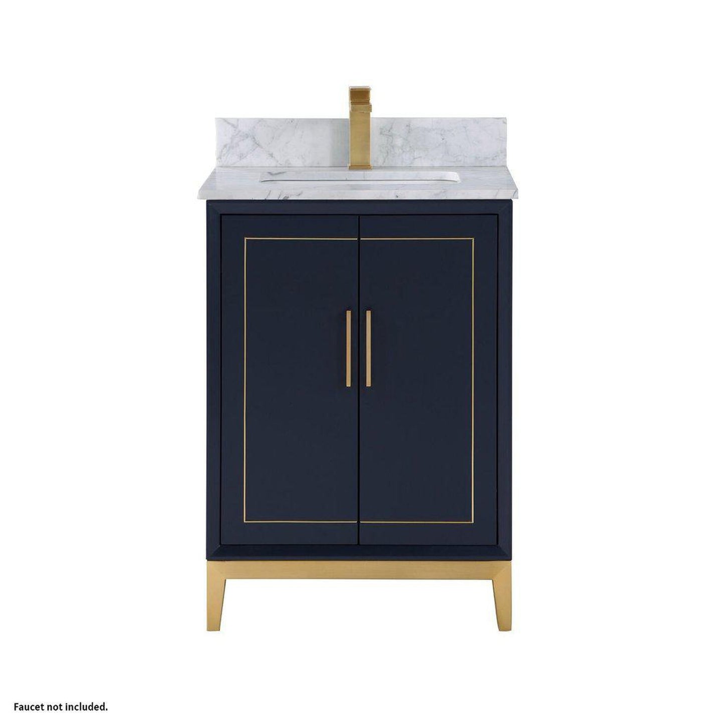 Bemma Design Gracie 24" Pacific Blue Solid Wood Freestanding Bathroom Vanity With Single 1-Hole Italian Carra Marble Vanity Top, Rectangle Undermount Sink, Backsplash and Satin Brass Trim