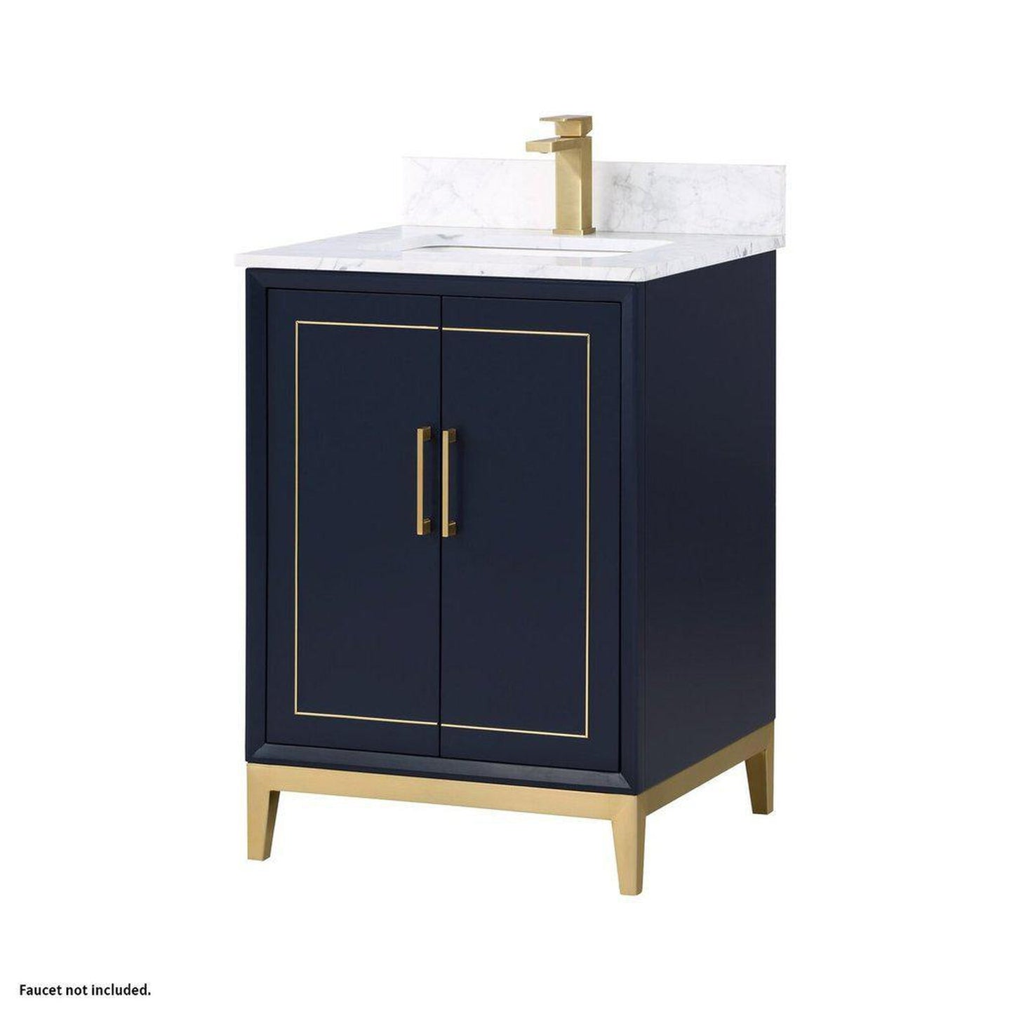 Bemma Design Gracie 24" Pacific Blue Solid Wood Freestanding Bathroom Vanity With Single 1-Hole Italian Carra Marble Vanity Top, Rectangle Undermount Sink, Backsplash and Satin Brass Trim