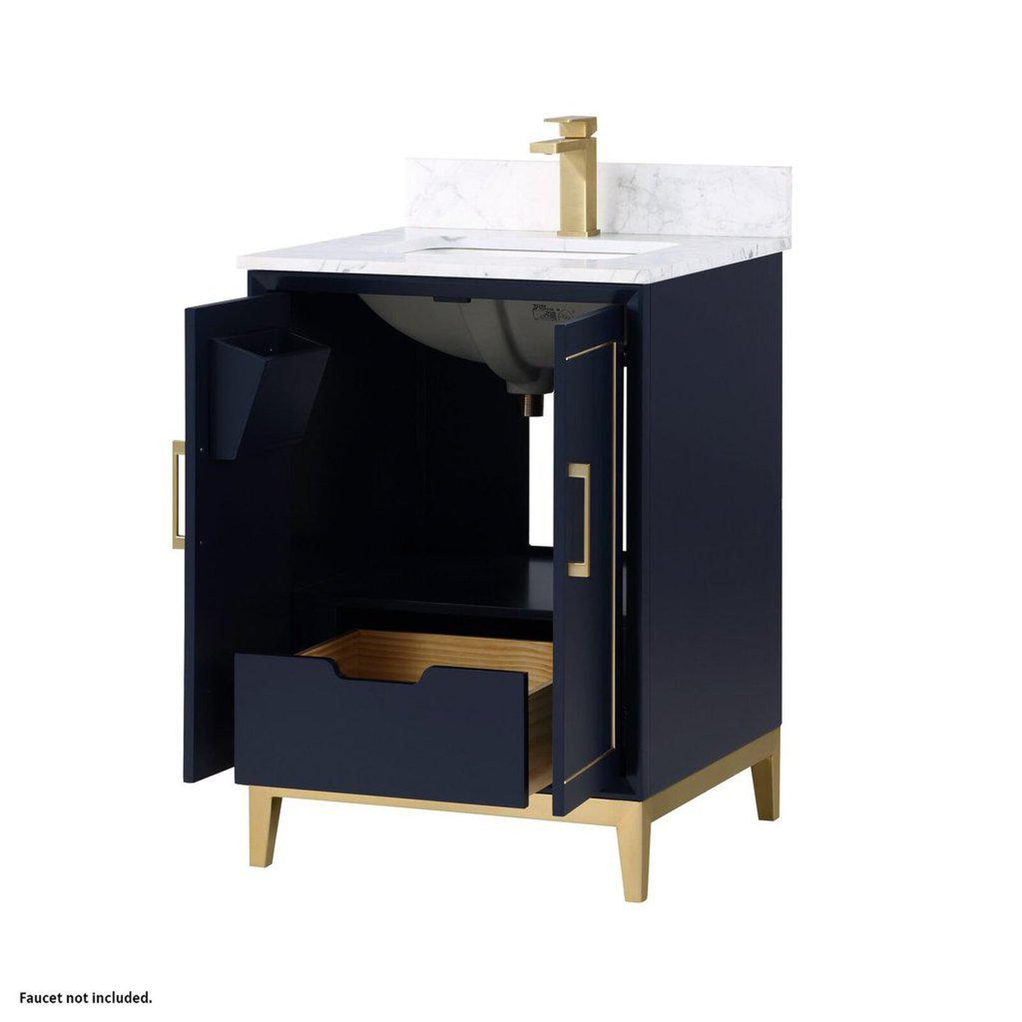 Bemma Design Gracie 24" Pacific Blue Solid Wood Freestanding Bathroom Vanity With Single 1-Hole Italian Carra Marble Vanity Top, Rectangle Undermount Sink, Backsplash and Satin Brass Trim