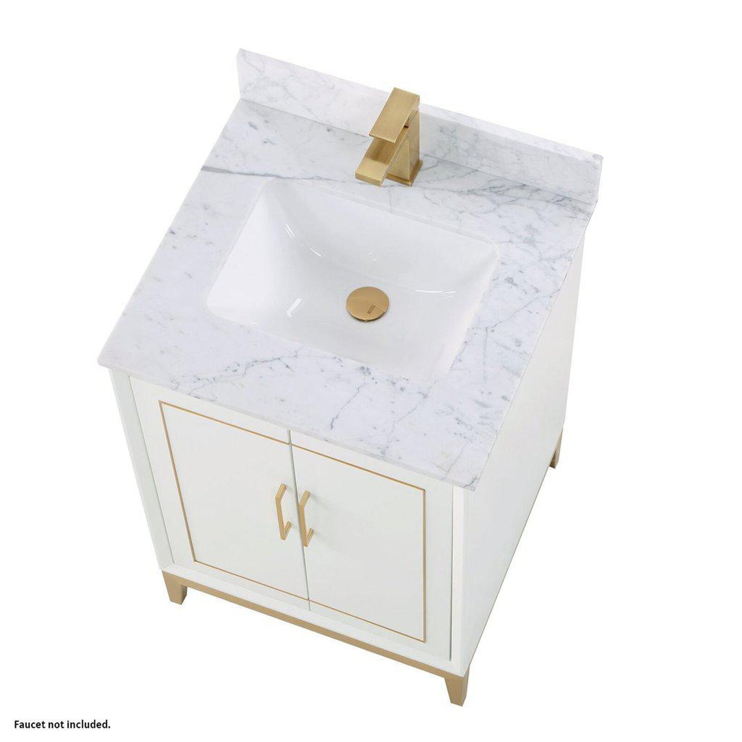 Bemma Design Gracie 24" Satin White Solid Wood Freestanding Bathroom Vanity With Single 1-Hole Italian Carra Marble Vanity Top, Rectangle Undermount Sink, Backsplash and Satin Brass Trim