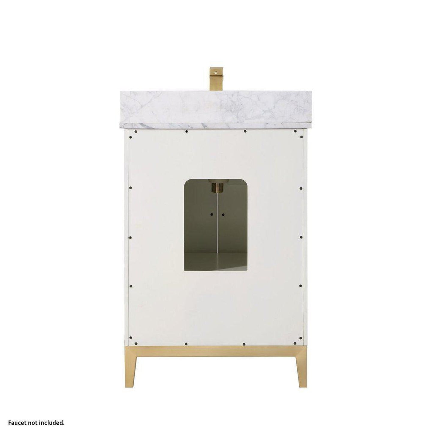 Bemma Design Gracie 24" Satin White Solid Wood Freestanding Bathroom Vanity With Single 1-Hole Italian Carra Marble Vanity Top, Rectangle Undermount Sink, Backsplash and Satin Brass Trim