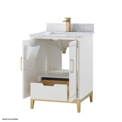 Bemma Design Gracie 24" Satin White Solid Wood Freestanding Bathroom Vanity With Single 1-Hole Italian Carra Marble Vanity Top, Rectangle Undermount Sink, Backsplash and Satin Brass Trim