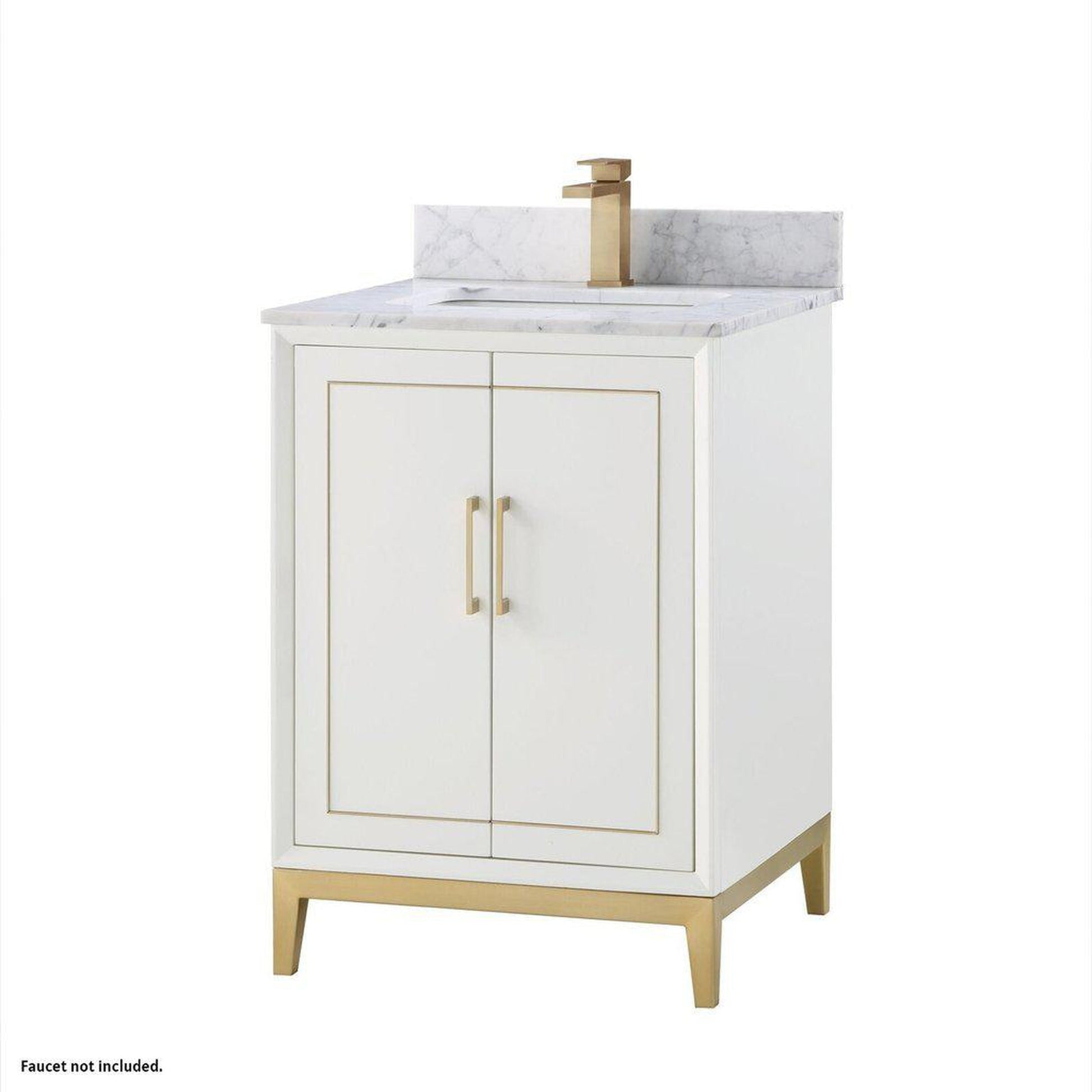 Bemma Design Gracie 24" Satin White Solid Wood Freestanding Bathroom Vanity With Single 1-Hole Italian Carra Marble Vanity Top, Rectangle Undermount Sink, Backsplash and Satin Brass Trim