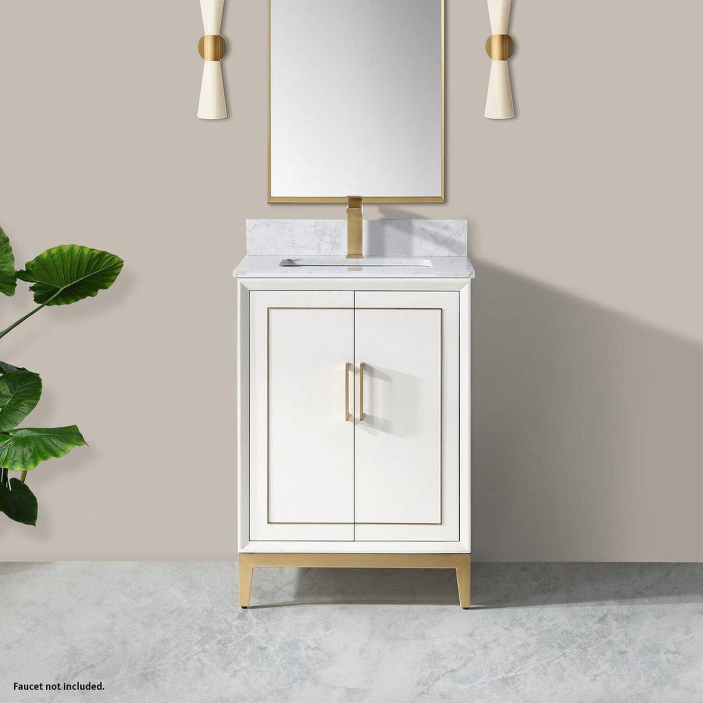 Bemma Design Gracie 24" Satin White Solid Wood Freestanding Bathroom Vanity With Single 1-Hole Italian Carra Marble Vanity Top, Rectangle Undermount Sink, Backsplash and Satin Brass Trim