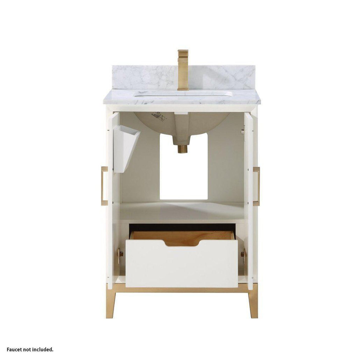 Bemma Design Gracie 24" Satin White Solid Wood Freestanding Bathroom Vanity With Single 1-Hole Italian Carra Marble Vanity Top, Rectangle Undermount Sink, Backsplash and Satin Brass Trim