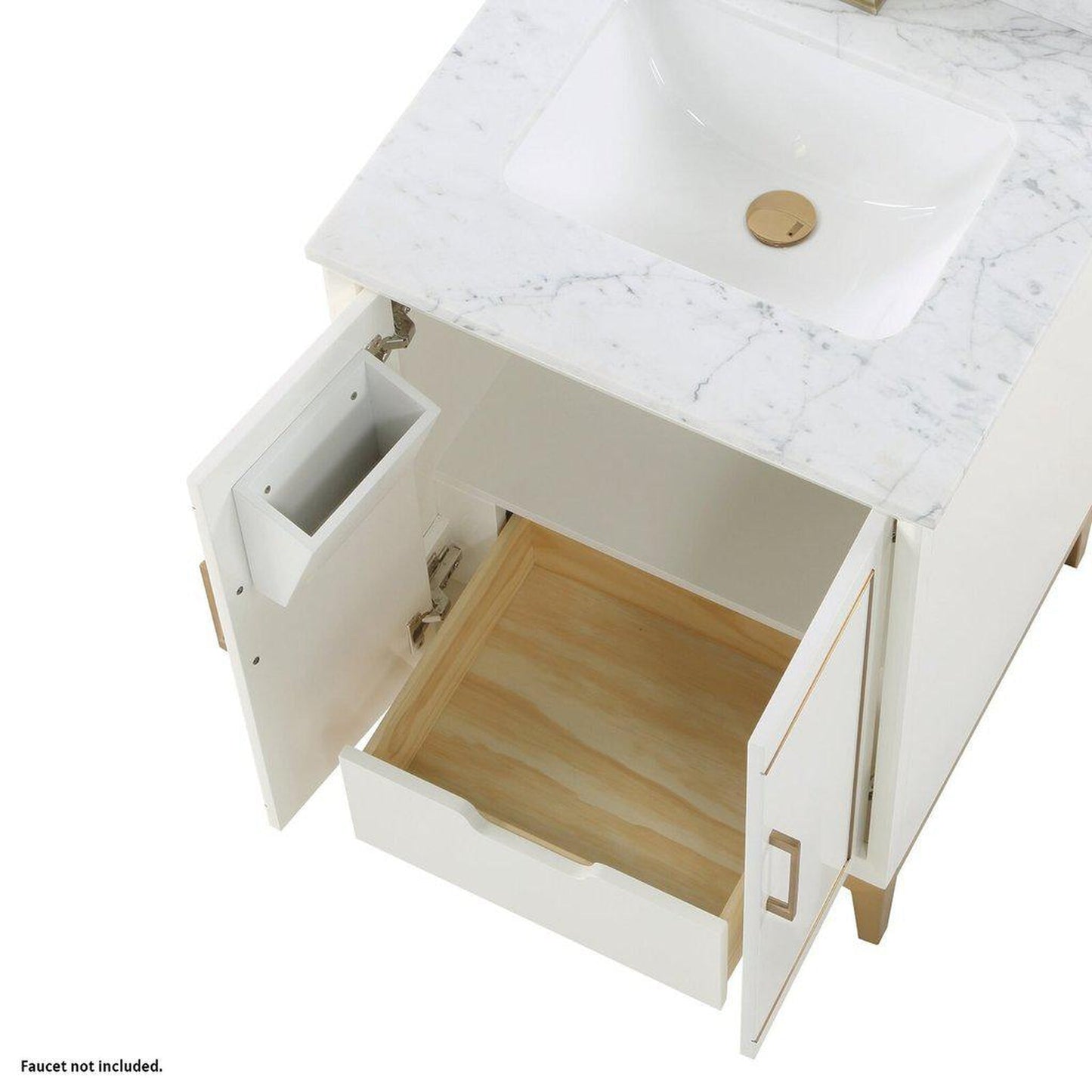 Bemma Design Gracie 24" Satin White Solid Wood Freestanding Bathroom Vanity With Single 1-Hole Italian Carra Marble Vanity Top, Rectangle Undermount Sink, Backsplash and Satin Brass Trim