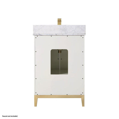 Bemma Design Gracie 24" Satin White Solid Wood Freestanding Bathroom Vanity With Single 1-Hole Italian Carra Marble Vanity Top, Rectangle Undermount Sink, Backsplash and Satin Brass Trim