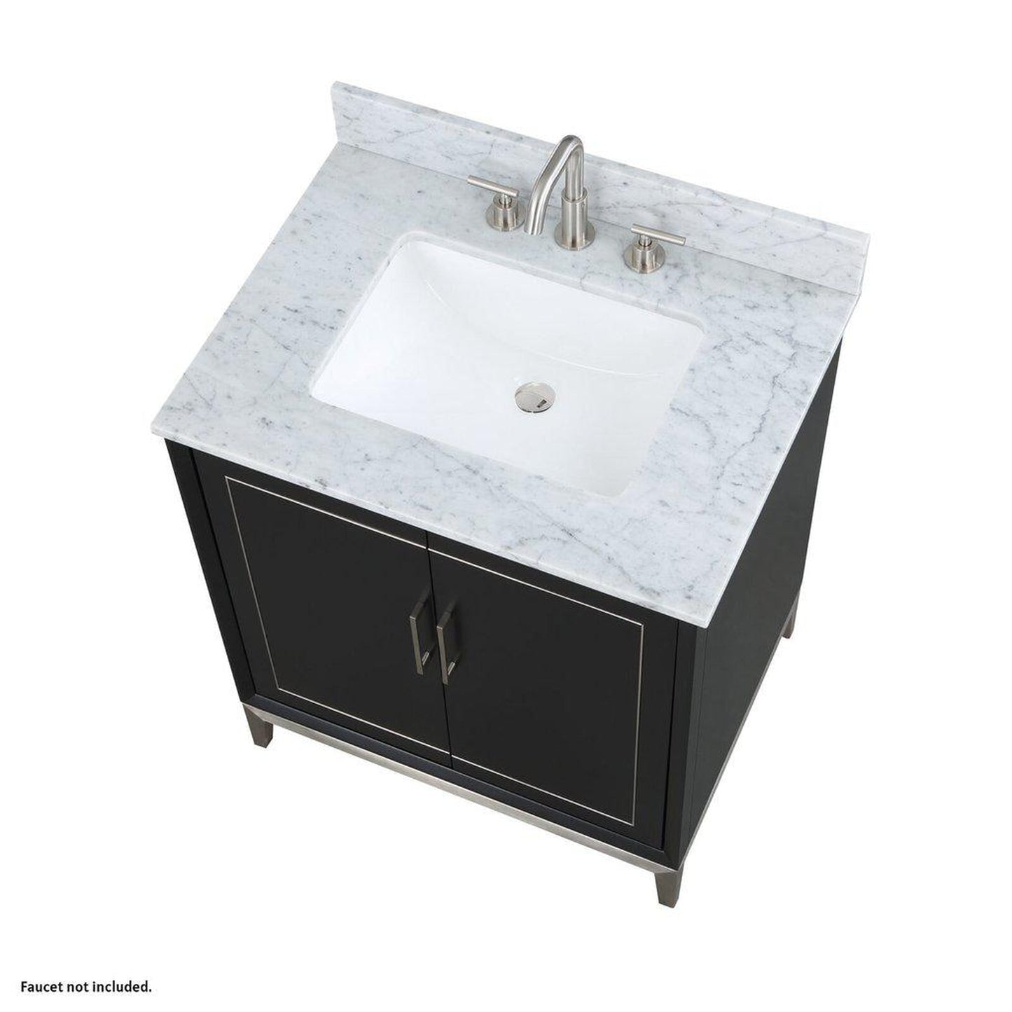 Bemma Design Gracie 30" Midnight Black Solid Wood Freestanding Bathroom Vanity With Single 3-Hole Italian Carra Marble Vanity Top, Rectangle Undermount Sink, Backsplash and Brushed Nickel Trim