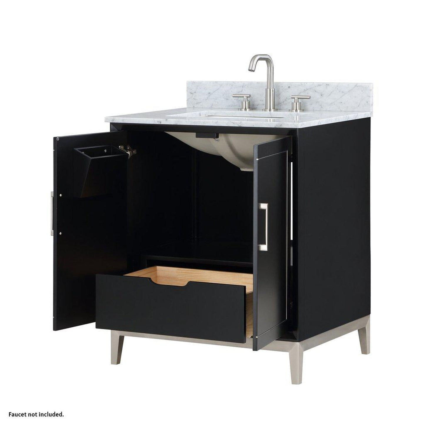 Bemma Design Gracie 30" Midnight Black Solid Wood Freestanding Bathroom Vanity With Single 3-Hole Italian Carra Marble Vanity Top, Rectangle Undermount Sink, Backsplash and Brushed Nickel Trim