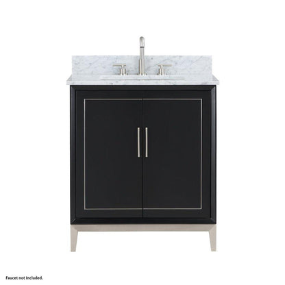 Bemma Design Gracie 30" Midnight Black Solid Wood Freestanding Bathroom Vanity With Single 3-Hole Italian Carra Marble Vanity Top, Rectangle Undermount Sink, Backsplash and Brushed Nickel Trim