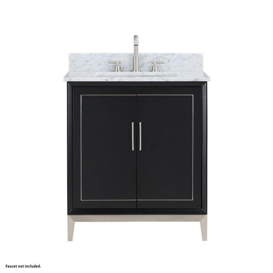 Bemma Design Gracie 30" Midnight Black Solid Wood Freestanding Bathroom Vanity With Single 3-Hole Italian Carra Marble Vanity Top, Rectangle Undermount Sink, Backsplash and Brushed Nickel Trim