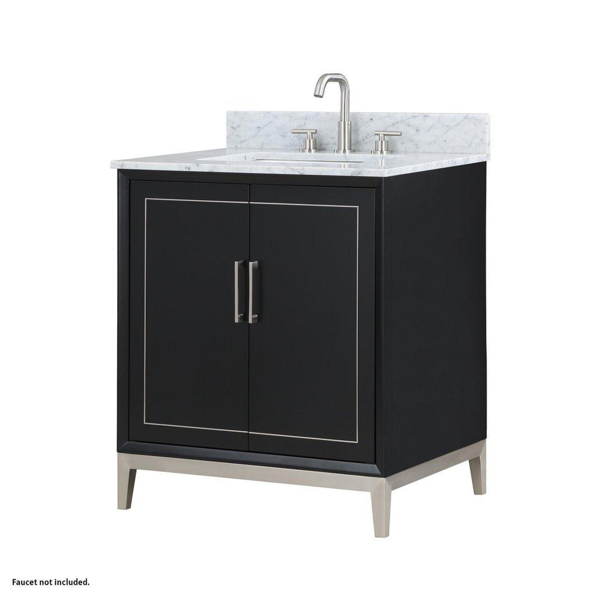 Bemma Design Gracie 30" Midnight Black Solid Wood Freestanding Bathroom Vanity With Single 3-Hole Italian Carra Marble Vanity Top, Rectangle Undermount Sink, Backsplash and Brushed Nickel Trim