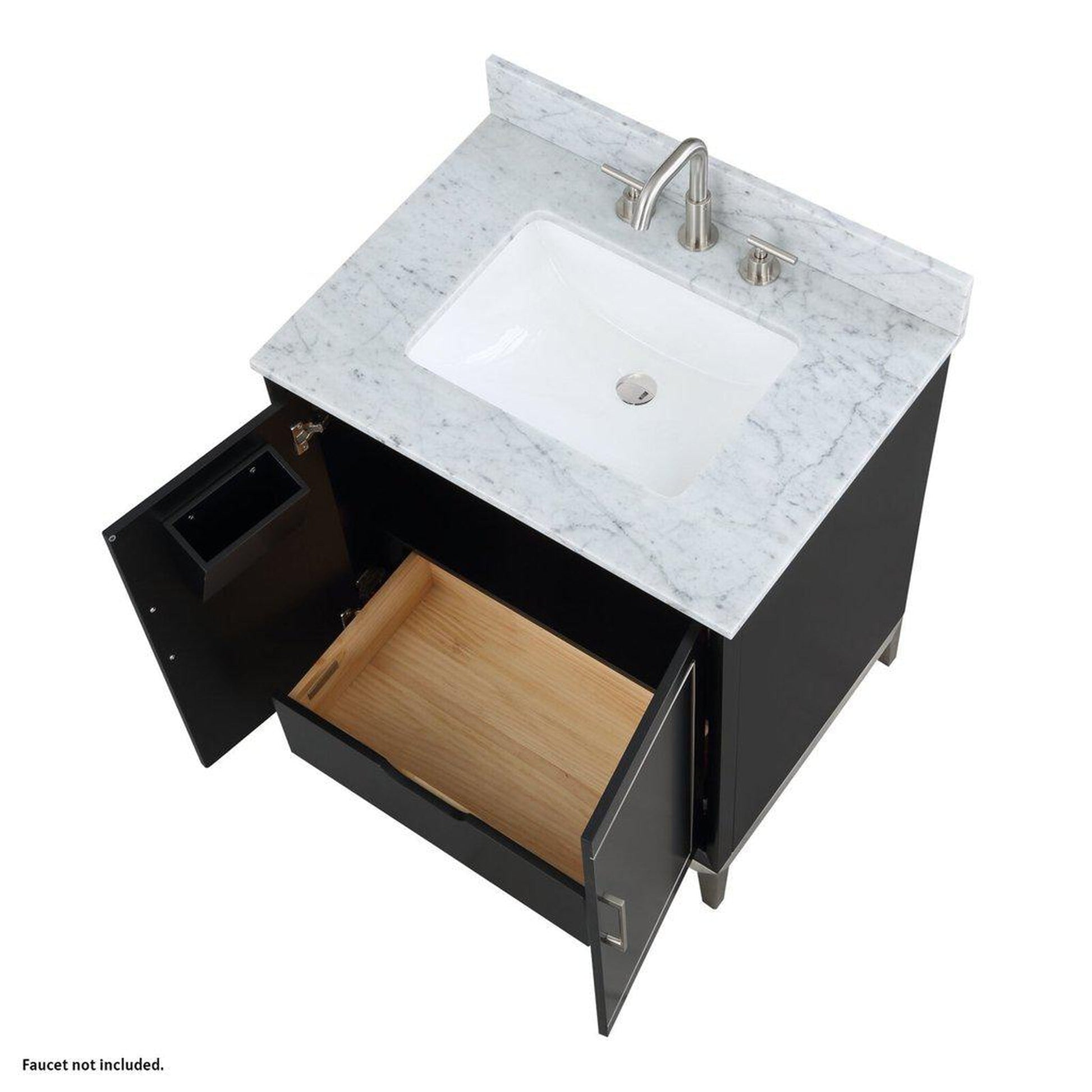 Bemma Design Gracie 30" Midnight Black Solid Wood Freestanding Bathroom Vanity With Single 3-Hole Italian Carra Marble Vanity Top, Rectangle Undermount Sink, Backsplash and Brushed Nickel Trim