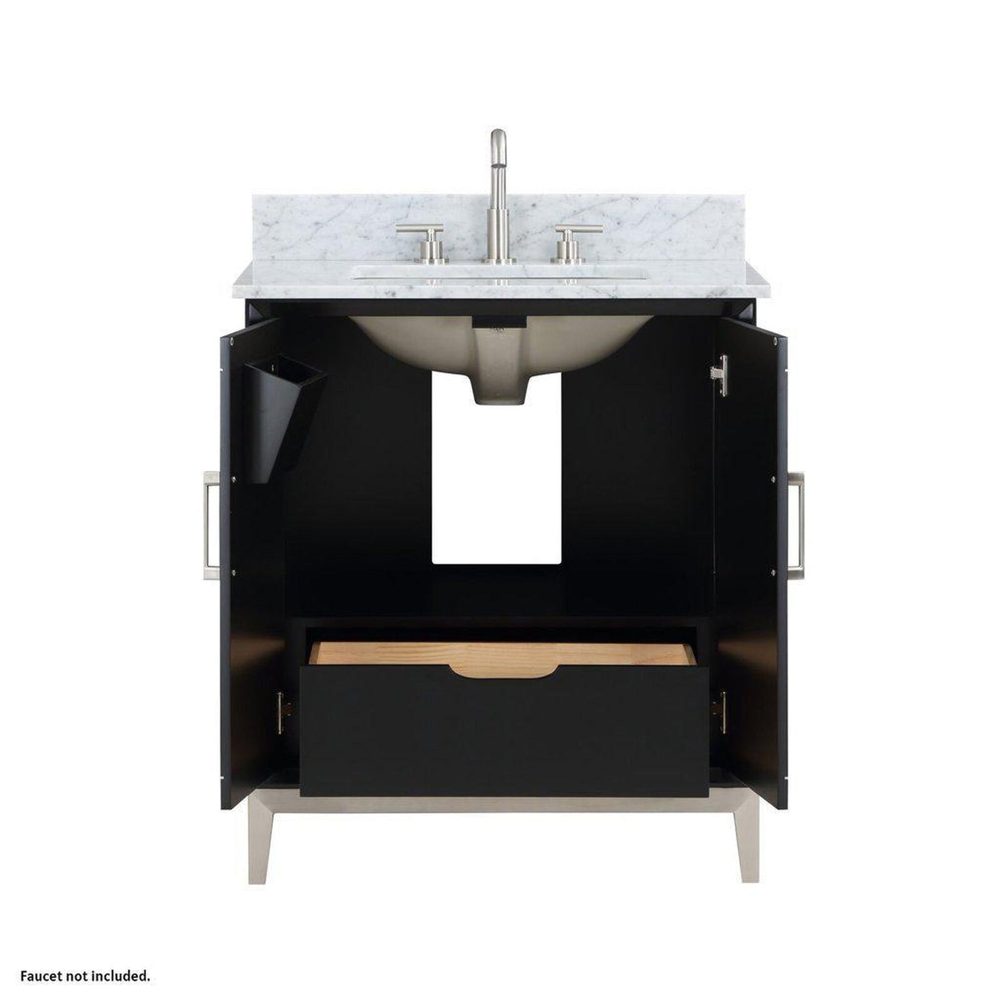 Bemma Design Gracie 30" Midnight Black Solid Wood Freestanding Bathroom Vanity With Single 3-Hole Italian Carra Marble Vanity Top, Rectangle Undermount Sink, Backsplash and Brushed Nickel Trim