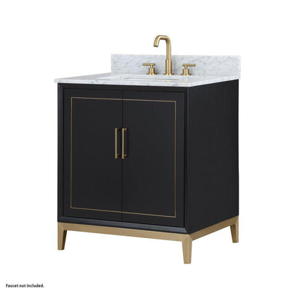 Bemma Design Gracie 30" Midnight Black Solid Wood Freestanding Bathroom Vanity With Single 3-Hole Italian Carra Marble Vanity Top, Rectangle Undermount Sink, Backsplash and Satin Brass Trim