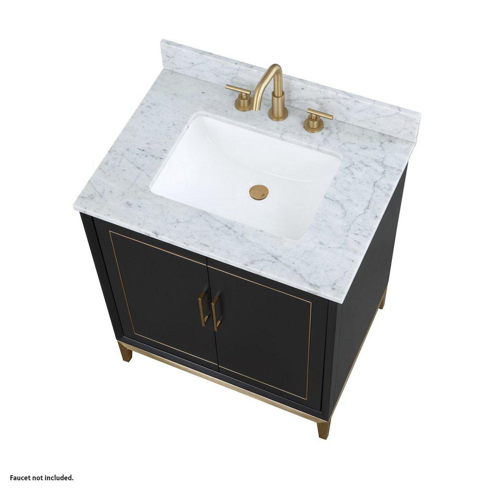 Bemma Design Gracie 30" Midnight Black Solid Wood Freestanding Bathroom Vanity With Single 3-Hole Italian Carra Marble Vanity Top, Rectangle Undermount Sink, Backsplash and Satin Brass Trim