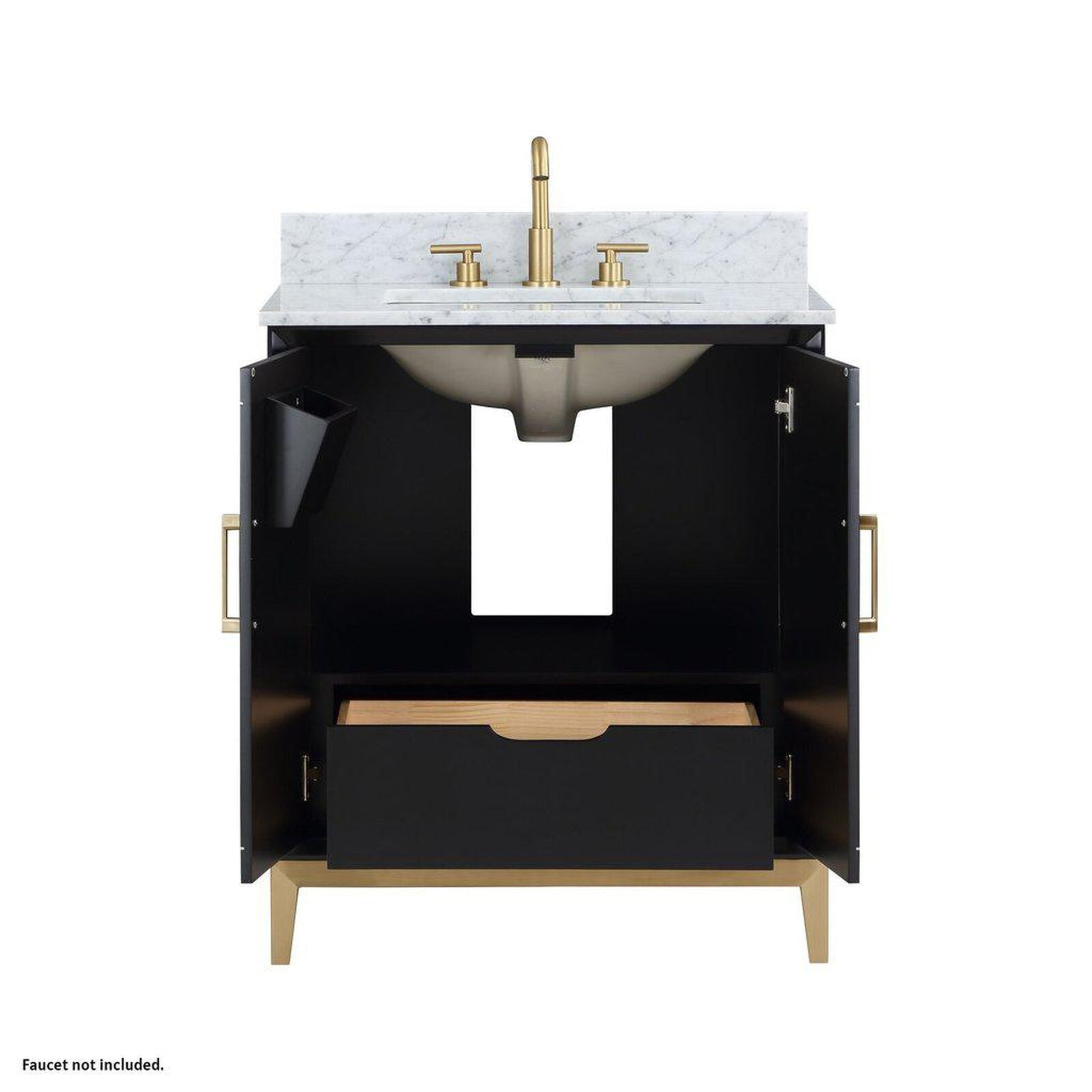 Bemma Design Gracie 30" Midnight Black Solid Wood Freestanding Bathroom Vanity With Single 3-Hole Italian Carra Marble Vanity Top, Rectangle Undermount Sink, Backsplash and Satin Brass Trim