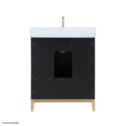 Bemma Design Gracie 30" Midnight Black Solid Wood Freestanding Bathroom Vanity With Single 3-Hole Italian Carra Marble Vanity Top, Rectangle Undermount Sink, Backsplash and Satin Brass Trim
