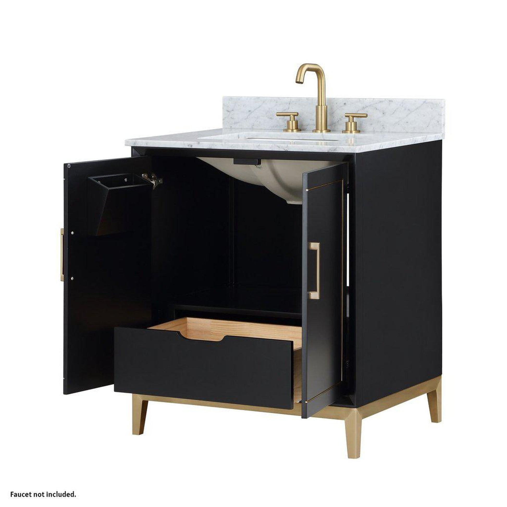 Bemma Design Gracie 30" Midnight Black Solid Wood Freestanding Bathroom Vanity With Single 3-Hole Italian Carra Marble Vanity Top, Rectangle Undermount Sink, Backsplash and Satin Brass Trim