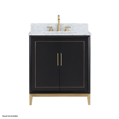 Bemma Design Gracie 30" Midnight Black Solid Wood Freestanding Bathroom Vanity With Single 3-Hole Italian Carra Marble Vanity Top, Rectangle Undermount Sink, Backsplash and Satin Brass Trim