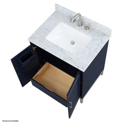 Bemma Design Gracie 30" Pacific Blue Solid Wood Freestanding Bathroom Vanity With Single 3-Hole Italian Carra Marble Vanity Top, Rectangle Undermount Sink, Backsplash and Brushed Nickel Trim