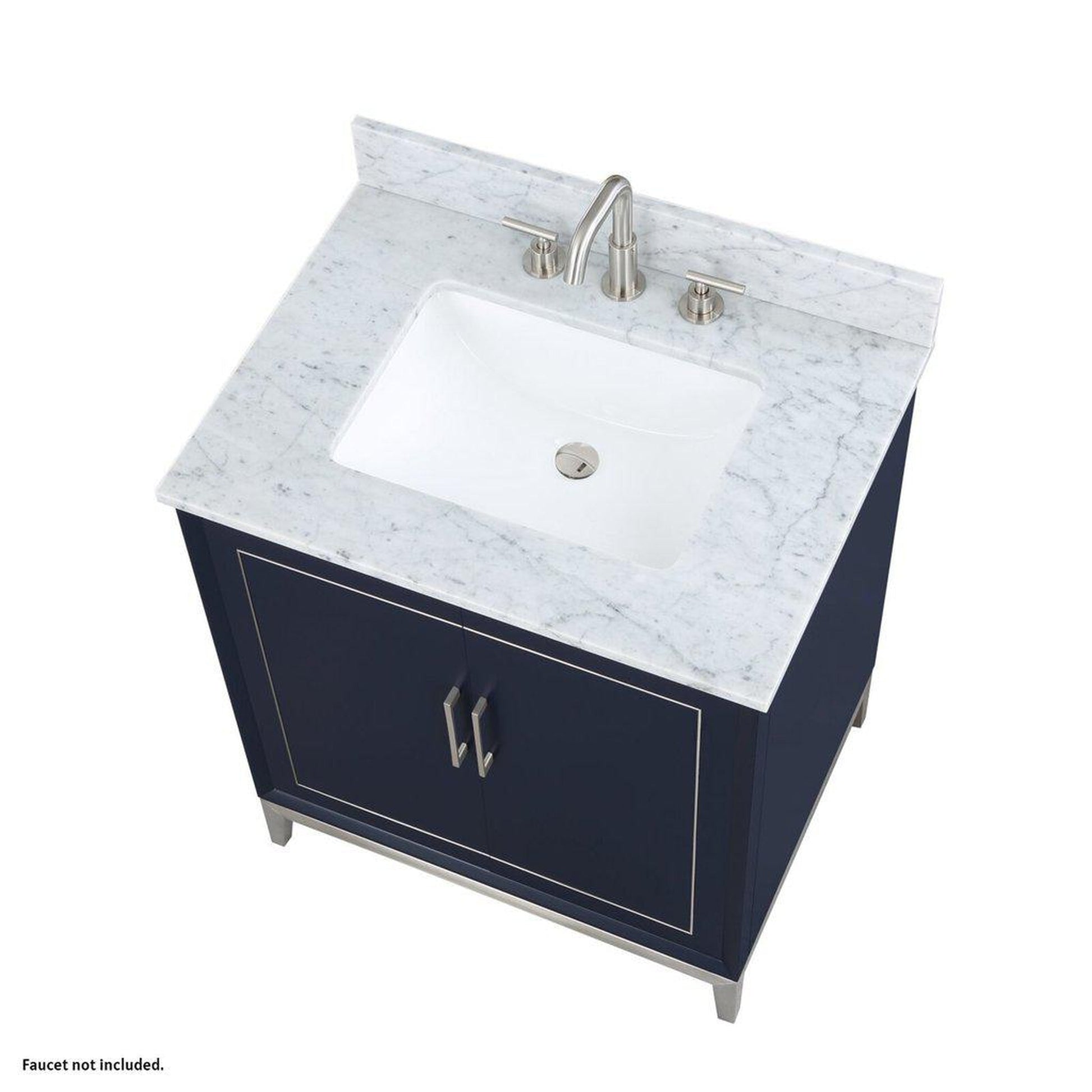 Bemma Design Gracie 30" Pacific Blue Solid Wood Freestanding Bathroom Vanity With Single 3-Hole Italian Carra Marble Vanity Top, Rectangle Undermount Sink, Backsplash and Brushed Nickel Trim