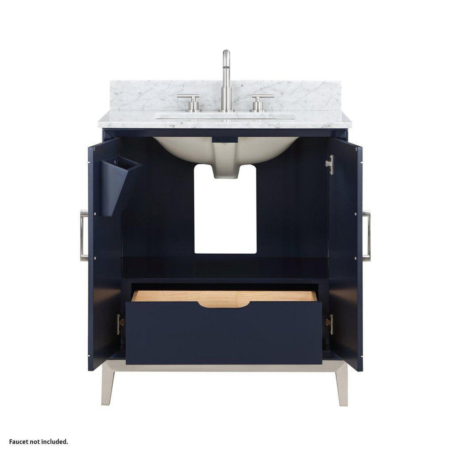 Bemma Design Gracie 30" Pacific Blue Solid Wood Freestanding Bathroom Vanity With Single 3-Hole Italian Carra Marble Vanity Top, Rectangle Undermount Sink, Backsplash and Brushed Nickel Trim